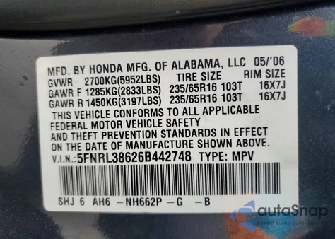 2006 Honda Odyssey Exl z USA, uszkodzony, nr VIN 5FNRL38626B442748
